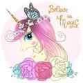 Hand drawn beautiful cute little unicorn girl with wreath on her head. Royalty Free Stock Photo