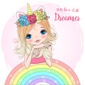 Hand drawn beautiful cute little unicorn girl with wreath on her head. Royalty Free Stock Photo