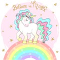 Hand drawn beautiful cute little unicorn girl with wreath on her head. Royalty Free Stock Photo
