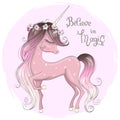 Hand drawn beautiful cute little unicorn girl with wreath on her head. Royalty Free Stock Photo