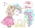 Hand drawn beautiful cute little unicorn with princess girl .. Royalty Free Stock Photo