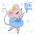 Hand drawn beautiful cute little winter fairy girl with a present and the words Happy New Year. Royalty Free Stock Photo