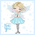 Hand drawn beautiful cute little winter fairy girl with words Happy New Year.