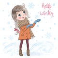 Hand drawn beautiful cute little winter girl on background with inscription Hello Winter. Royalty Free Stock Photo