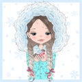 Hand drawn beautiful cute little winter girl with a bird. Royalty Free Stock Photo