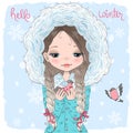 Hand drawn beautiful cute little winter girl with a bird. Royalty Free Stock Photo