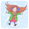 Hand drawn beautiful cute little winter girl is lying on the snow.. Royalty Free Stock Photo