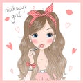 Hand drawn beautiful cute makeup girl sends an air kiss. Vector illustration.