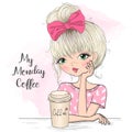 Hand drawn beautiful cute morning girl with coffee.