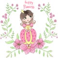 Hand drawn beautiful, cute, little girl Princess with flowers. Vector illustration. Royalty Free Stock Photo