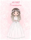 Hand drawn beautiful, cute, little first communion girl with communion dress and flower wreath. Vector illustration. Royalty Free Stock Photo