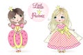 Two hand drawn beautiful, cute, little girl Princess. Vector illustration. Royalty Free Stock Photo
