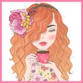 Hand drawn beautiful cute redhead curly girl with coffee in his hands.