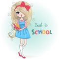 Hand drawn beautiful cute schoolgirl with backpacks on background with the inscription Back to School.