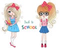 Hand drawn beautiful cute schoolgirl with backpacks on background with the inscription Back to School.