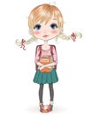 Hand drawn beautiful cute schoolgirl with backpacks.