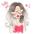 Hand drawn beautiful cute selfie girl with smart phone.