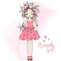 Hand drawn beautiful, cute spring girl with wreath of flowers. Royalty Free Stock Photo