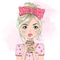 Hand drawn beautiful cute summer girl with drink in her hands..