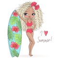 Hand drawn beautiful cute summer girl with surfboard. Royalty Free Stock Photo