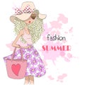 Hand drawn beautiful cute summer girls on the background with inscription fashion summer.