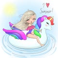 Hand drawn beautiful cute summer girls with big inflatable unicorn.