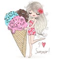 Hand drawn beautiful cute summer girls with big watermelon and ice-cream in her hands.