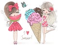 Hand drawn beautiful cute summer girls with big watermelon and ice-cream in her hands.