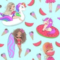 Hand drawn beautiful cute summer girls with big watermelon and ice-cream in her hands.