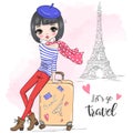 Hand drawn beautiful cute travel girls with big suitcases.