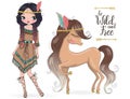 Hand drawn beautiful cute tribal indian girl with little horse. Royalty Free Stock Photo