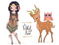 Hand drawn beautiful cute tribal indian girl with little horse. Royalty Free Stock Photo