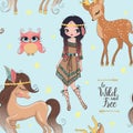 Hand drawn beautiful cute tribal indian girl with little horse. Royalty Free Stock Photo