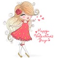 Hand drawn beautiful, cute, valentine girl in love.