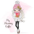 Hand drawn beautiful cute winter girl with coffee in his hand.