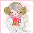 Hand drawn beautiful cute winter girl with coffee in his hand.