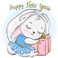 Hand drawn beautiful cute winter rabbit girl with the words Happy New Year.