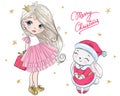 Hand drawn beautiful cute winter rabbit and girl with the words Merry Christmas.