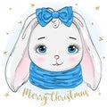 Hand drawn beautiful cute winter rabbit girl with the words Merry Christmas.