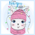 Hand drawn beautiful cute winter rabbit with the words Happy New Year.