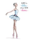 Hand drawn beautiful dancing woman. Pretty ballerina. Girl in pink point shoes. Ballerina in blue dress. Beautiful balet dancer. Royalty Free Stock Photo