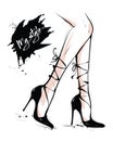 Hand drawn beautiful female legs. Fashion woman legs in black shoes. Female body parts. Black strappy heels. Sketch.