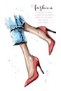 Hand drawn beautiful female legs. Stylish women red shoes. Sketch. Royalty Free Stock Photo