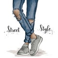 Hand drawn beautiful female legs.Trendy teen wearing sneakers and ripped jeans. Vector illustration Fashion Denim Style