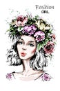 Hand drawn beautiful forest girl in flower wreath. Young woman looks like a nymph dryad. Fashion woman portrait. Royalty Free Stock Photo