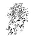 Hand drawn beautiful girl with peonies and carnations. Vector illustration isolated on white Royalty Free Stock Photo