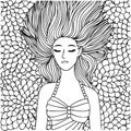 Hand drawn beautiful girl sleeping on flowers for design element and coloring book page.Vector illustration