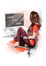 Hand drawn beautiful illustration woman sitting on a chair at a computer working from home. fashion illustration work from home