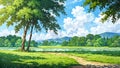 Hand drawn beautiful impressionist style landscape illustration background material. Anime style Royalty Free Stock Photo