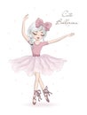 Hand drawn beautiful, lovely, little ballerina with bow on her head. Vector illustration. Dancing ballet girl Royalty Free Stock Photo